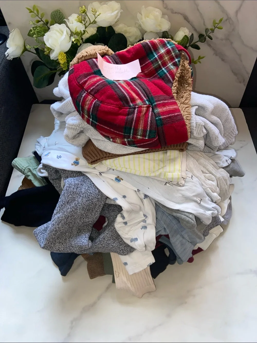 Baby Basics Mostly Carter's Hats,sweaters,Pants with Mixed Onesies sizes 6-12 mo